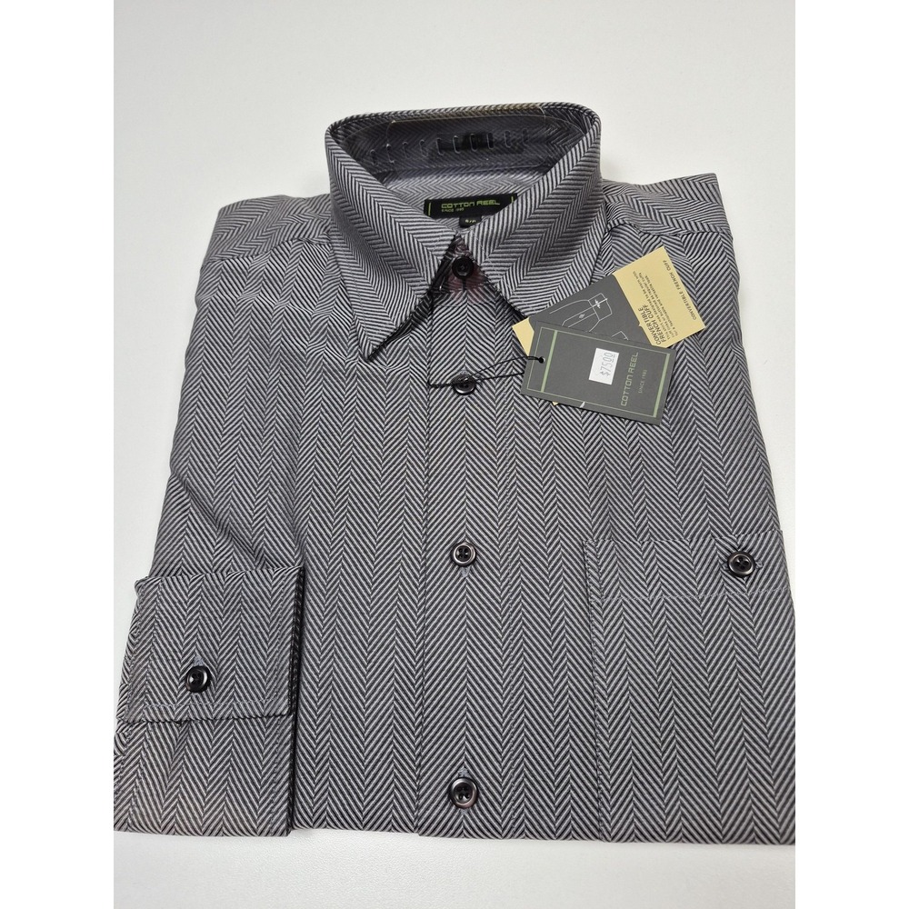Cotton Reel Dress Shirt Mens S Silver Herringbone 100% Cotton Twill Long Sleeve